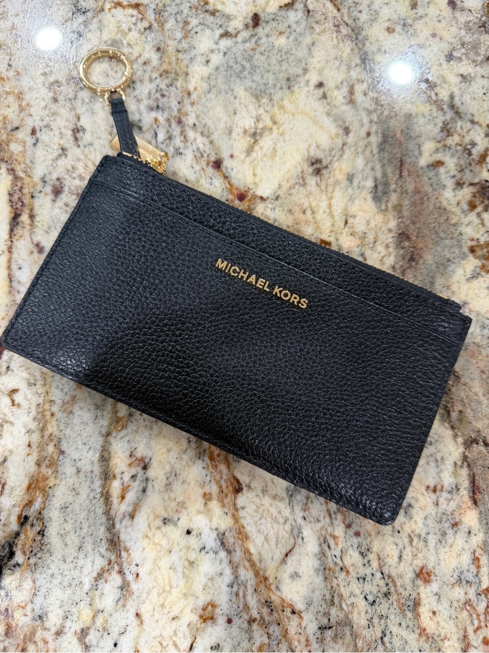 Michael Kors Jet Set Black Pebbled Leather Slim Zip Card Case Wallet Key Ring